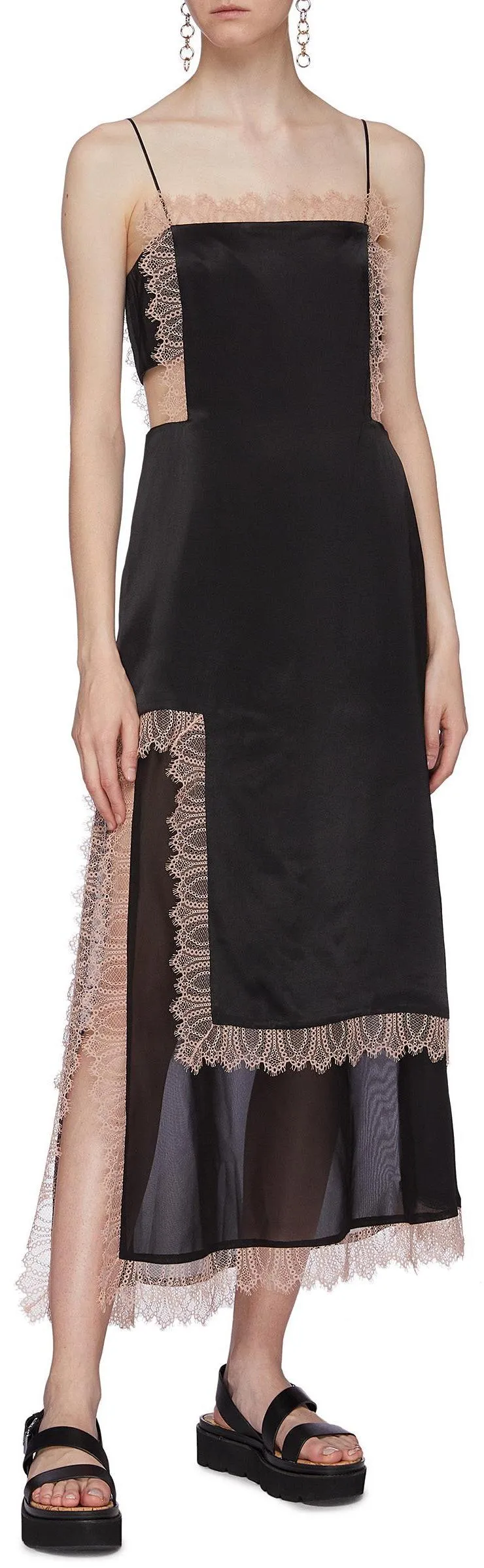 Lace Trim Chiffon Slit Hem Satin Camisole Dress