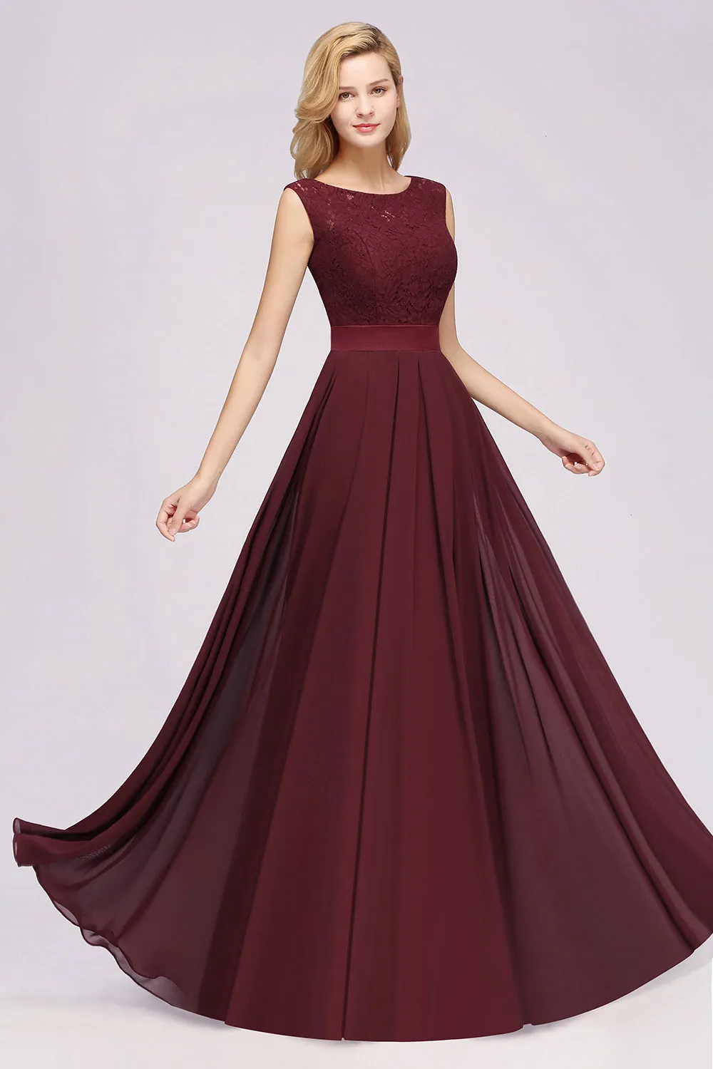 Long A-line Chiffon Lace Jewel Sleeveless Ruffles Bridesmaid Dress