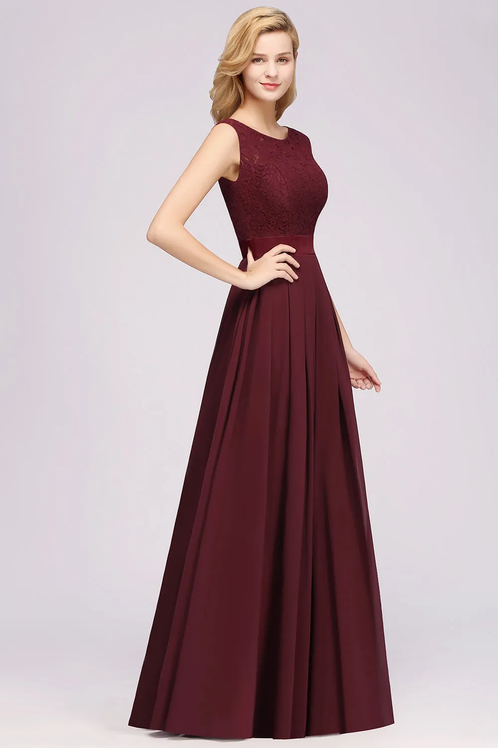 Long A-line Chiffon Lace Jewel Sleeveless Ruffles Bridesmaid Dress