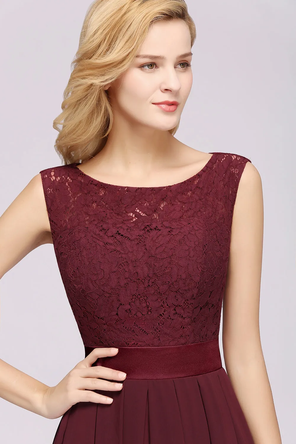 Long A-line Chiffon Lace Jewel Sleeveless Ruffles Bridesmaid Dress