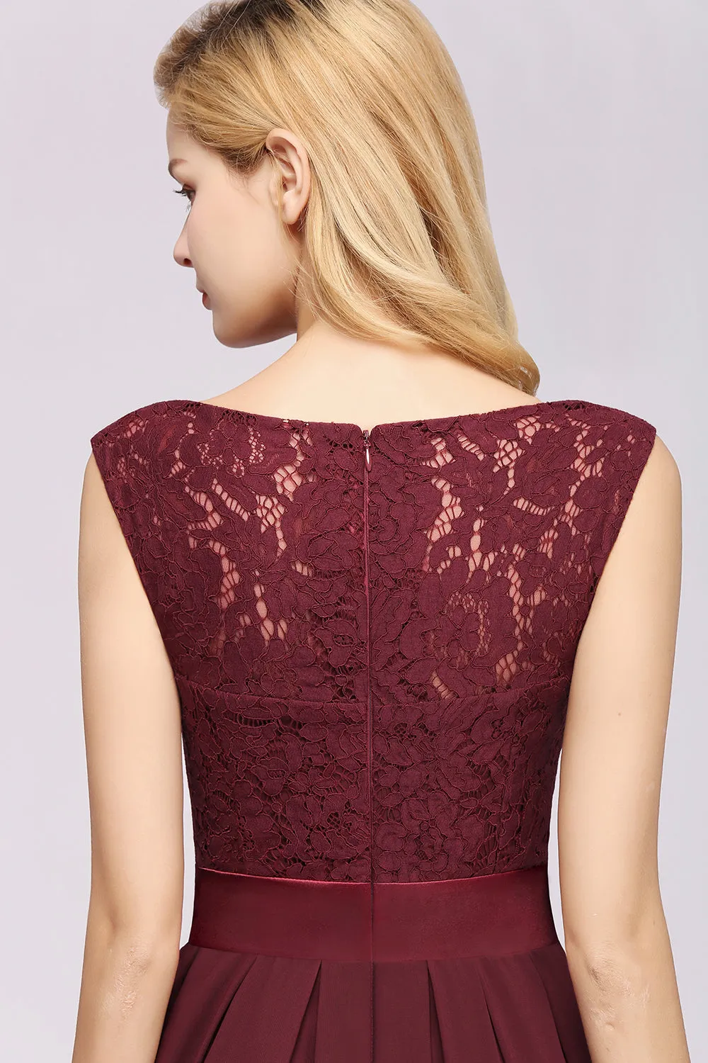 Long A-line Chiffon Lace Jewel Sleeveless Ruffles Bridesmaid Dress