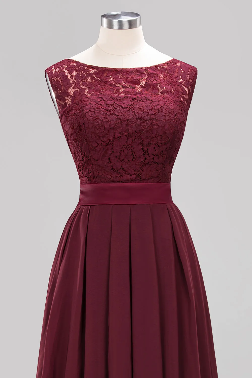 Long A-line Chiffon Lace Jewel Sleeveless Ruffles Bridesmaid Dress