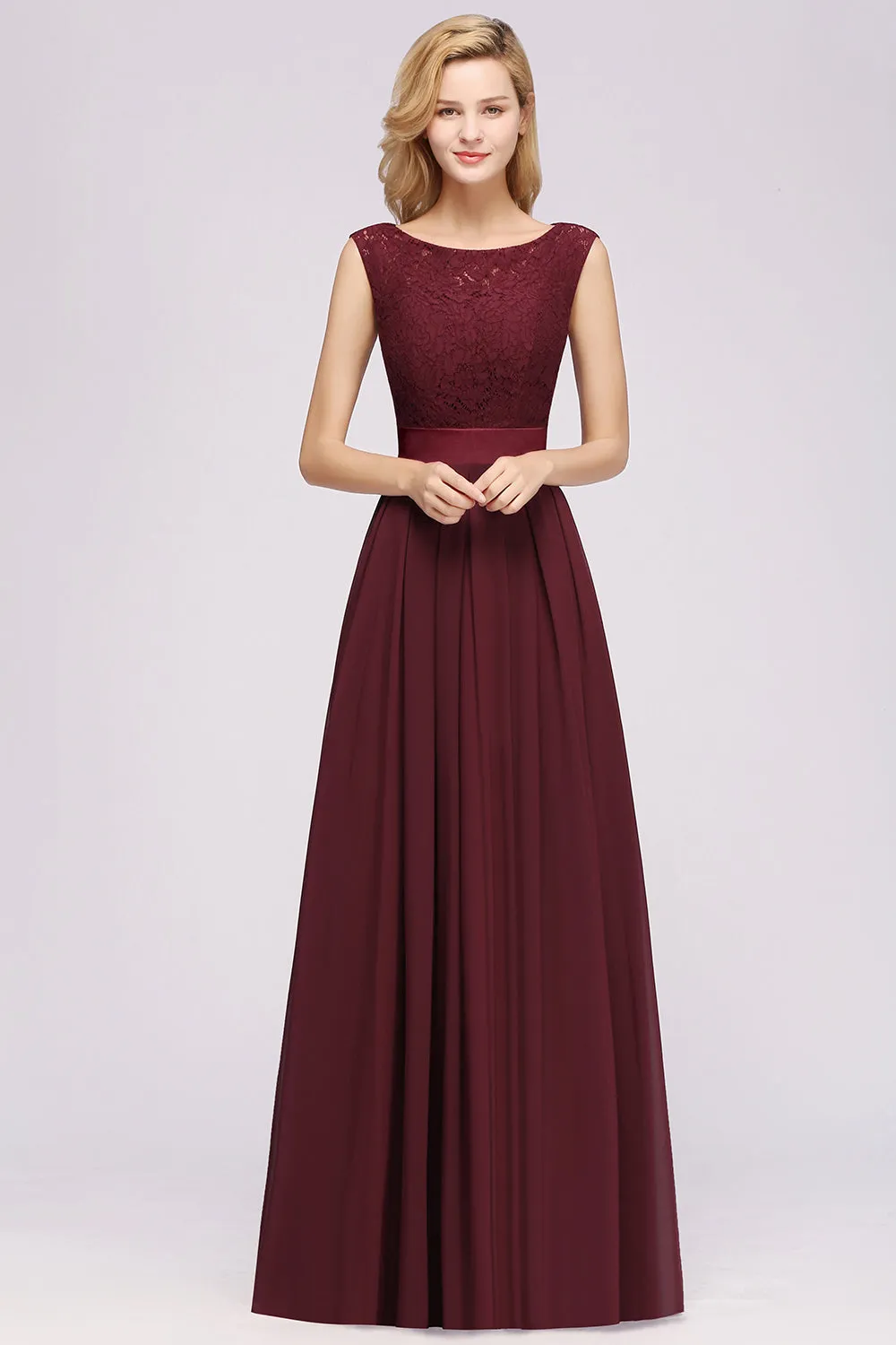 Long A-line Chiffon Lace Jewel Sleeveless Ruffles Bridesmaid Dress