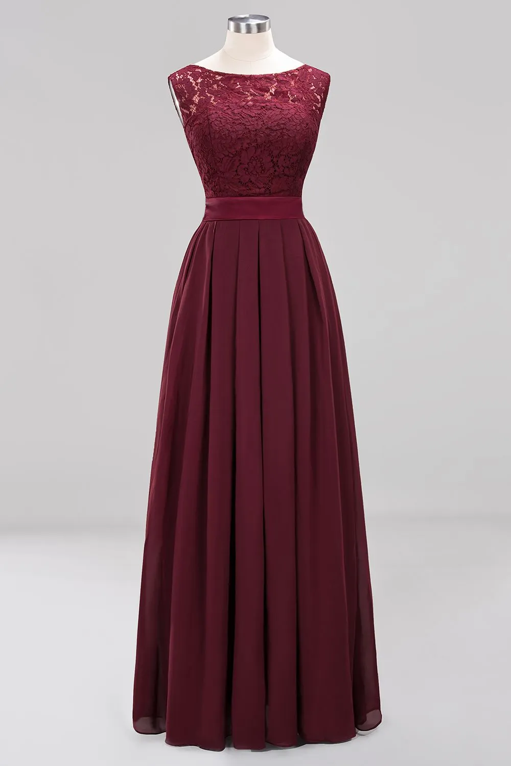 Long A-line Chiffon Lace Jewel Sleeveless Ruffles Bridesmaid Dress