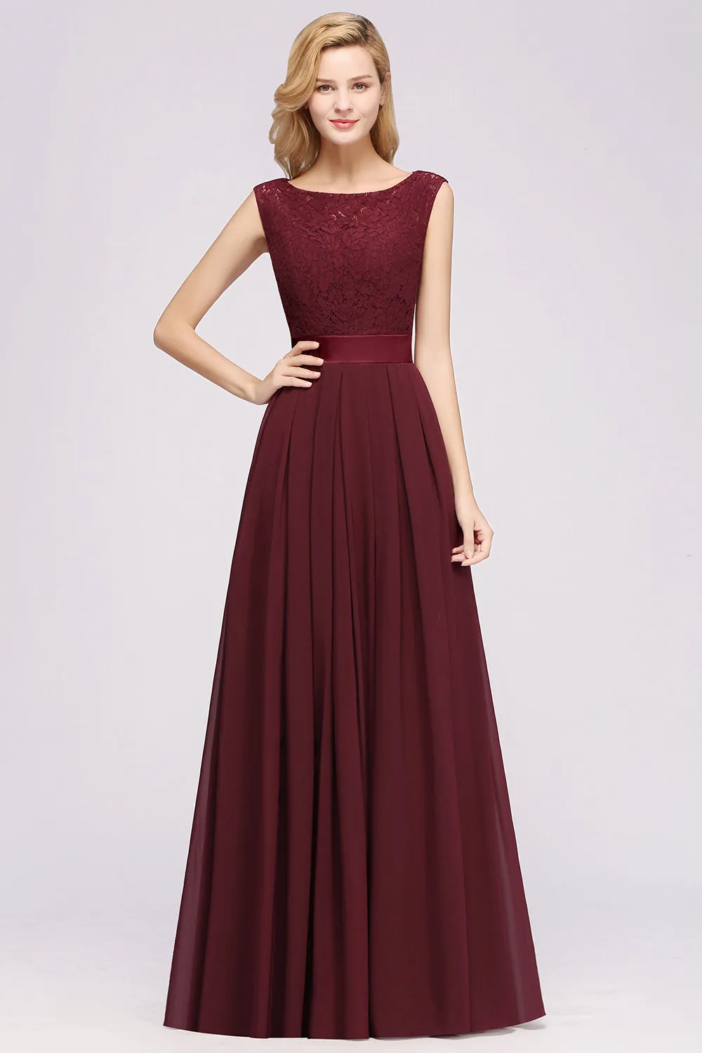 Long A-line Chiffon Lace Jewel Sleeveless Ruffles Bridesmaid Dress