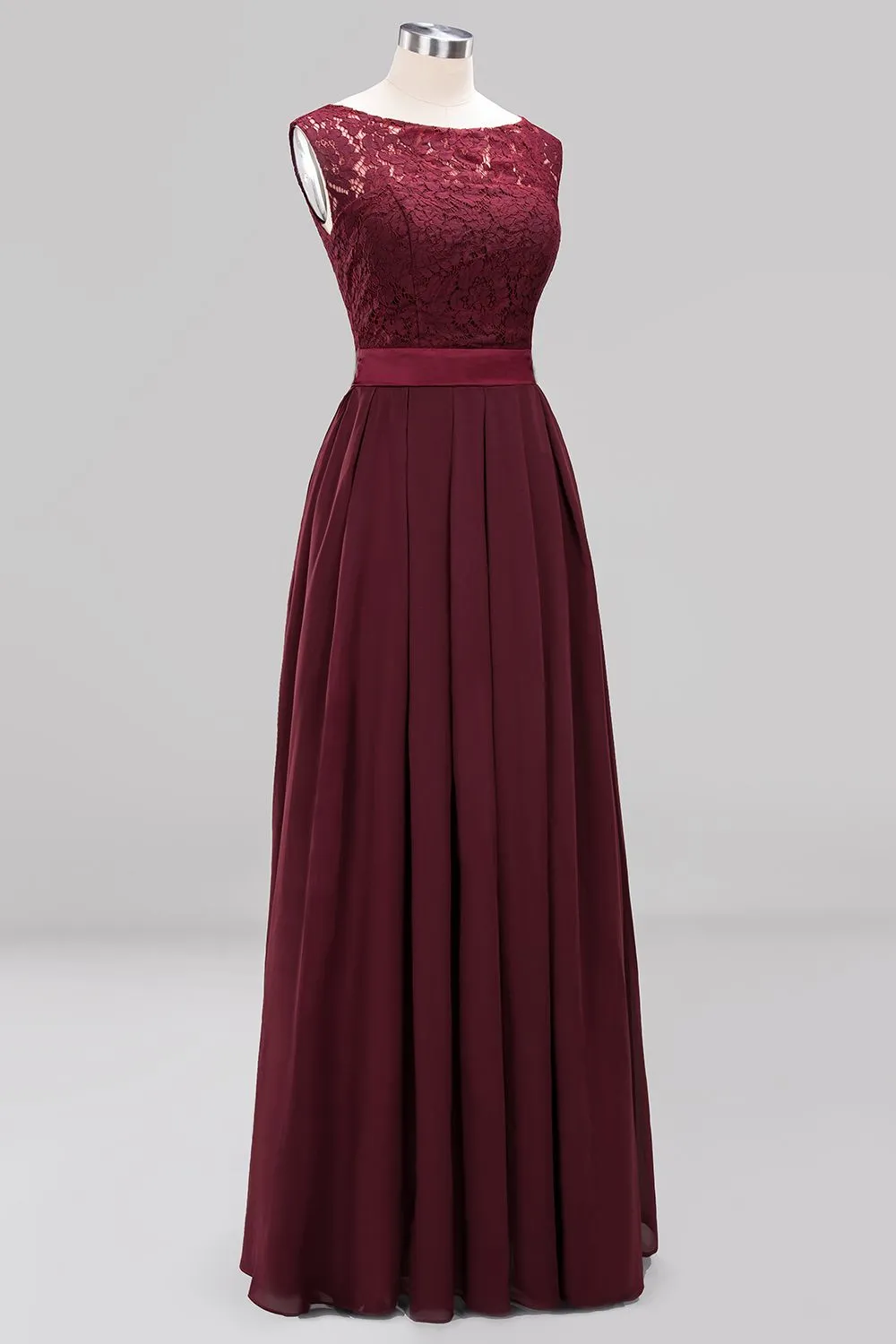 Long A-line Chiffon Lace Jewel Sleeveless Ruffles Bridesmaid Dress