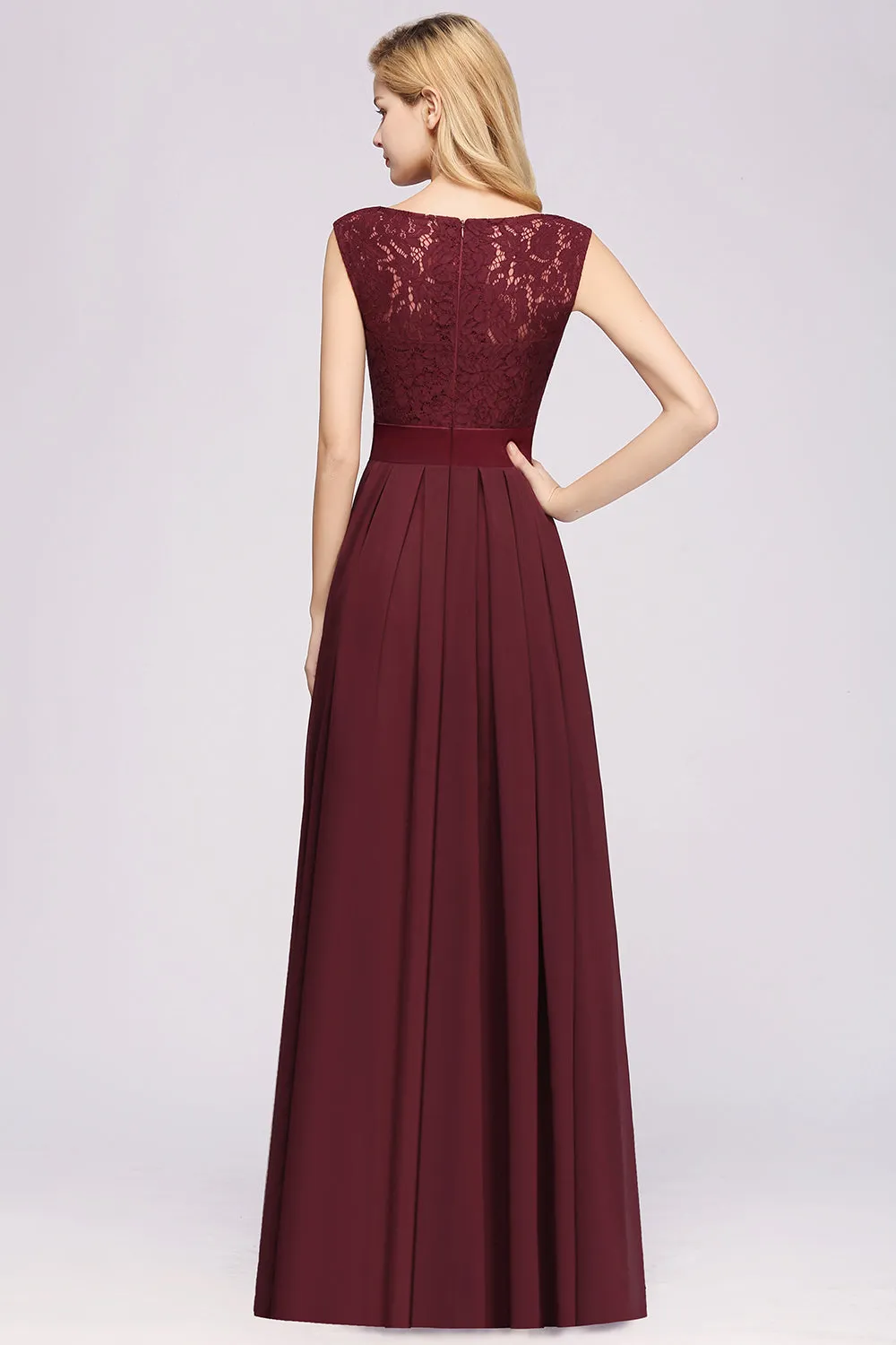 Long A-line Chiffon Lace Jewel Sleeveless Ruffles Bridesmaid Dress