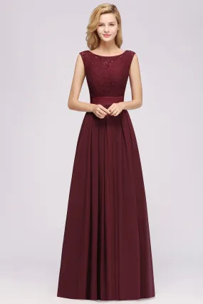 Long A-line Chiffon Lace Jewel Sleeveless Ruffles Bridesmaid Dress