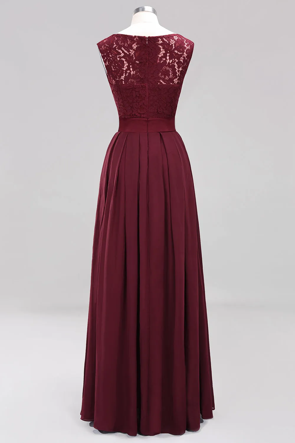 Long A-line Chiffon Lace Jewel Sleeveless Ruffles Bridesmaid Dress