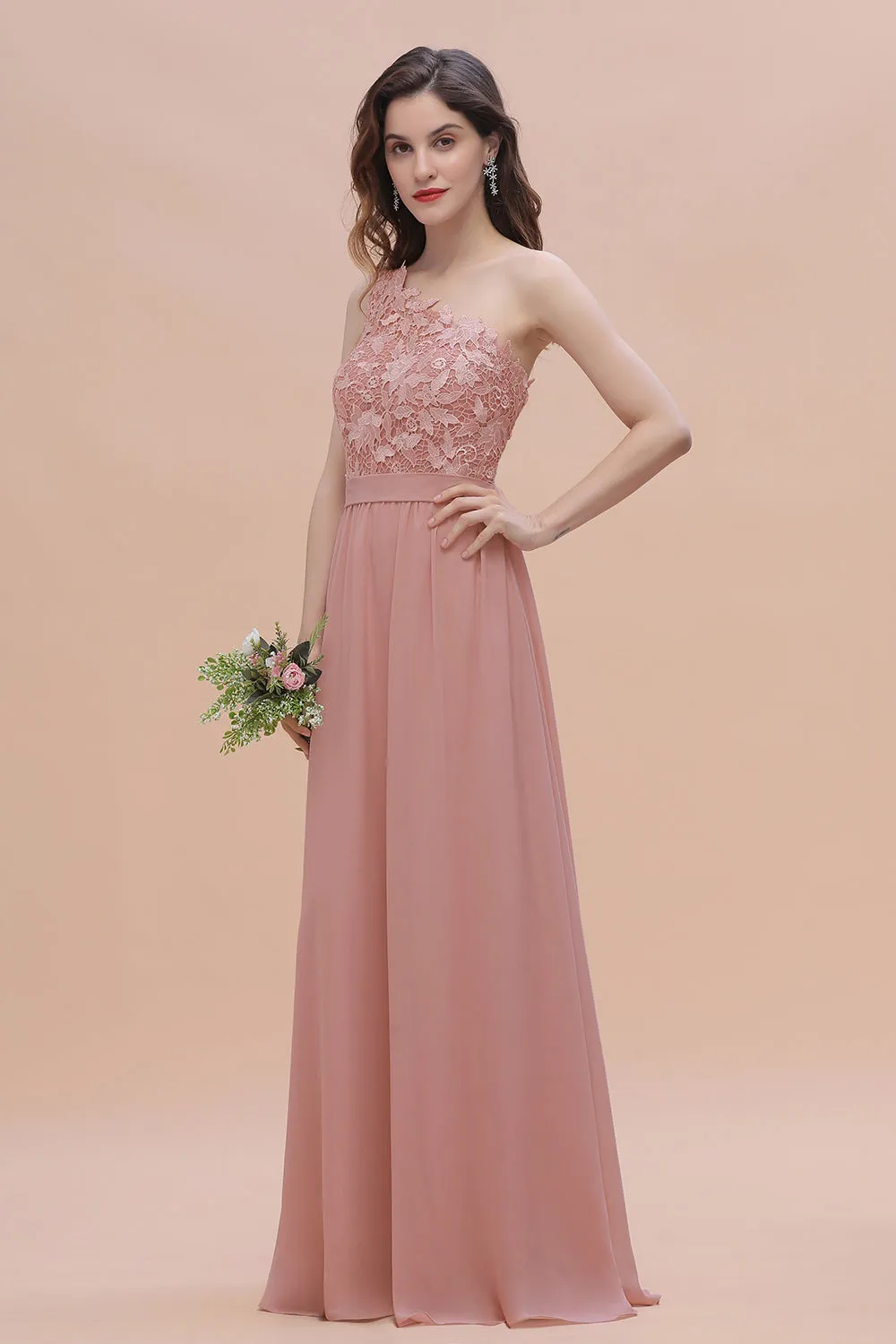Long A-Line Chiffon One Shoulder Bridesmaid Dress With Appliques Lace