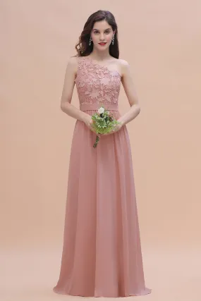 Long A-Line Chiffon One Shoulder Bridesmaid Dress With Appliques Lace
