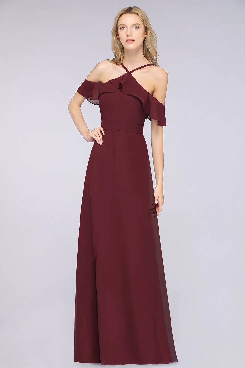 Long A-line Chiffon Spaghetti-Straps Burgundy Bridesmaid Dress with Bow Sash