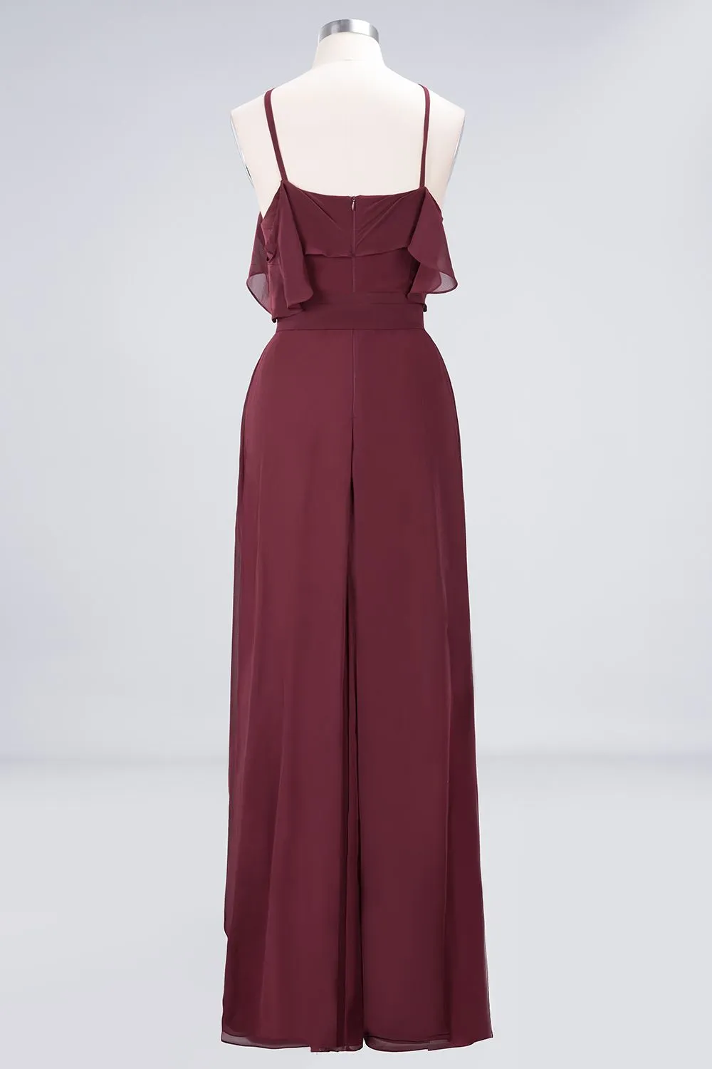 Long A-line Chiffon Spaghetti-Straps Burgundy Bridesmaid Dress with Bow Sash