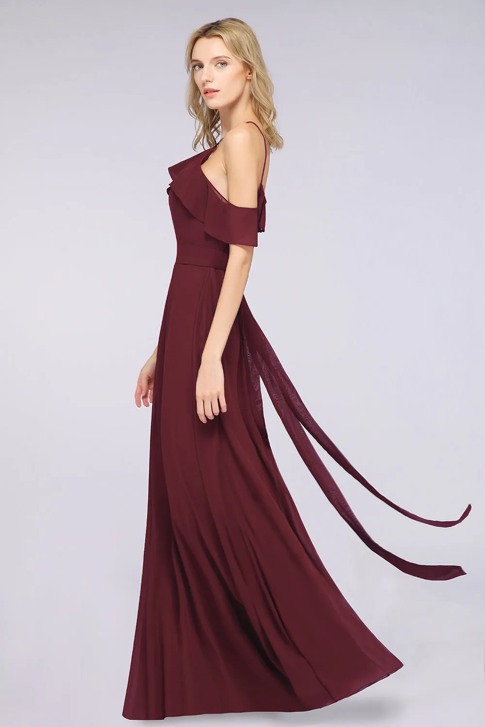 Long A-line Chiffon Spaghetti-Straps Burgundy Bridesmaid Dress with Bow Sash