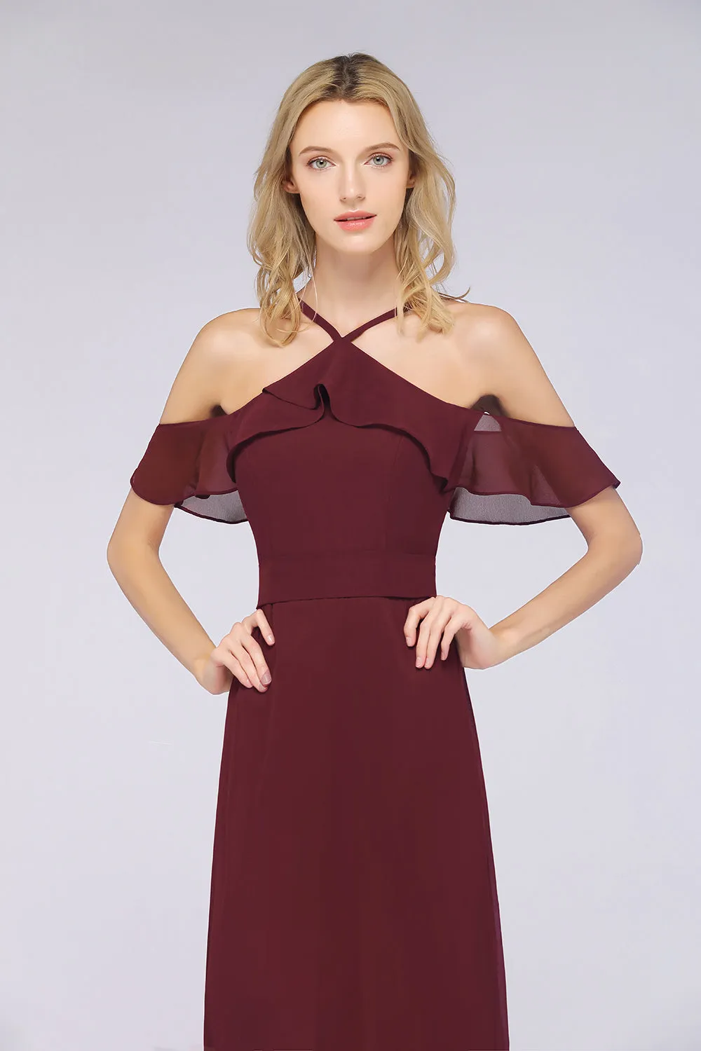 Long A-line Chiffon Spaghetti-Straps Burgundy Bridesmaid Dress with Bow Sash