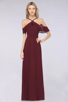 Long A-line Chiffon Spaghetti-Straps Burgundy Bridesmaid Dress with Bow Sash