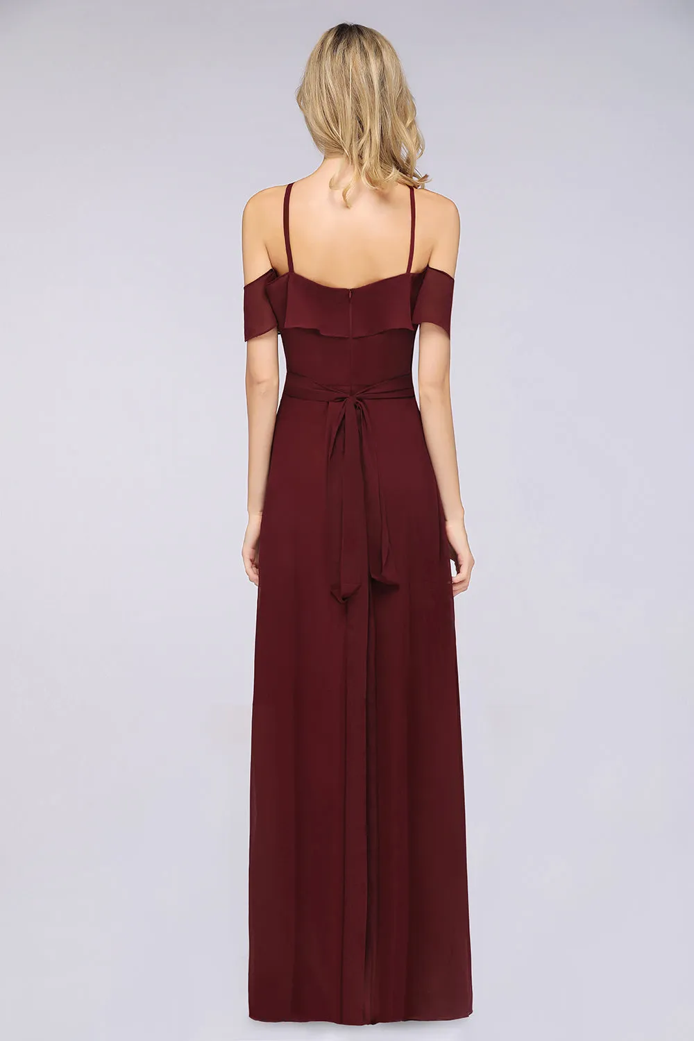 Long A-line Chiffon Spaghetti-Straps Burgundy Bridesmaid Dress with Bow Sash