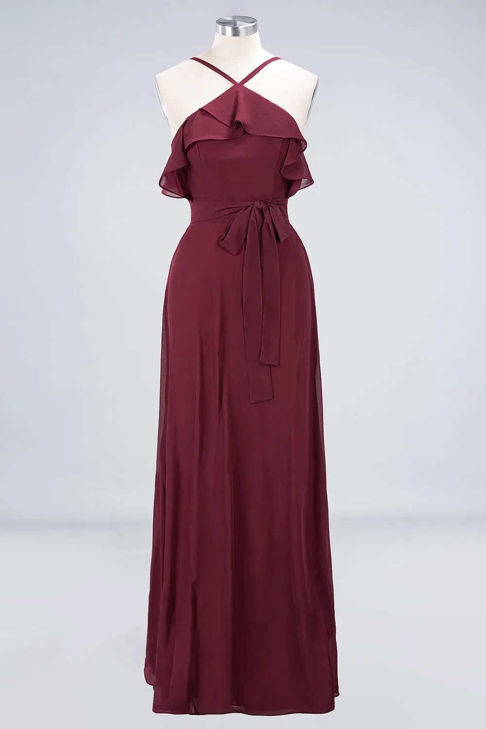 Long A-line Chiffon Spaghetti-Straps Burgundy Bridesmaid Dress with Bow Sash