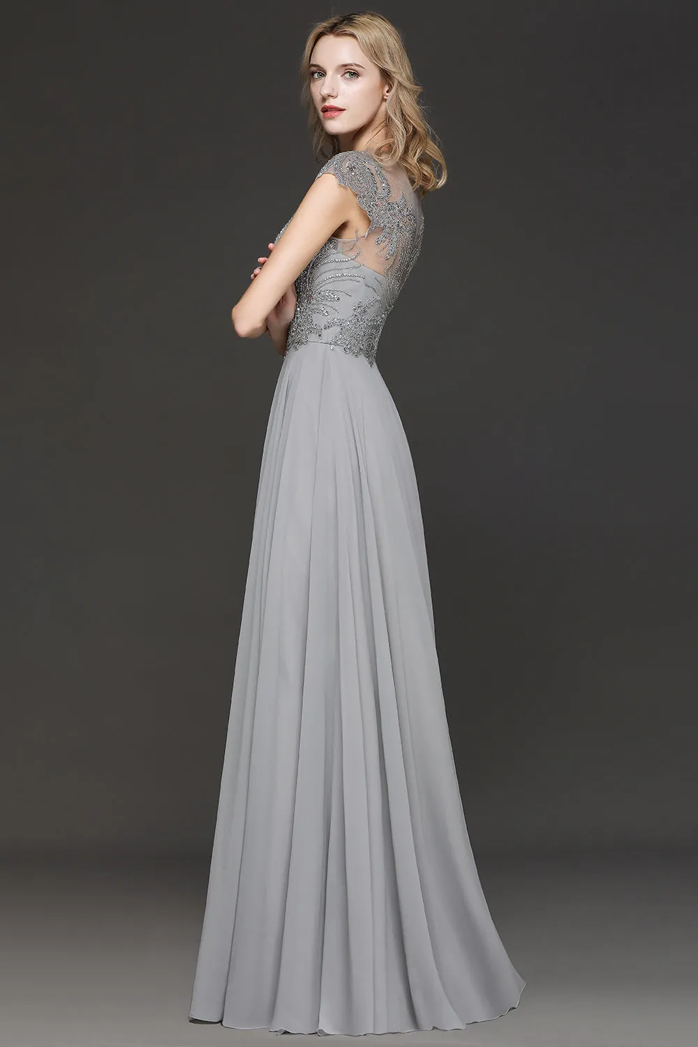 Long A-line Sweetheart Chiffom Bridesmaid Dress with Cap sleeves