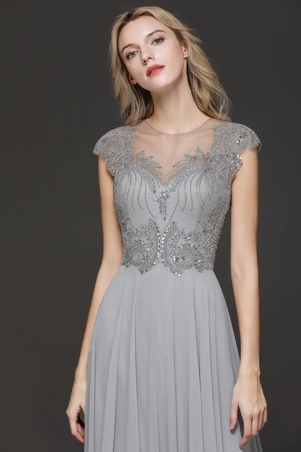 Long A-line Sweetheart Chiffom Bridesmaid Dress with Cap sleeves
