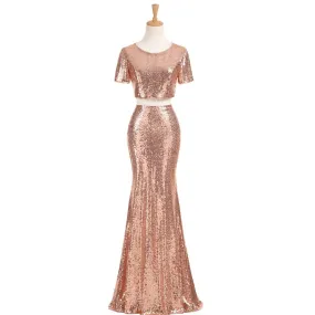Long Bridesmaid Dress, Two Pieces Bridesmaid Dress, Mermaid Bridesmaid Dress,  Sexy Dress for Wedding, Short Sleeve Bridesmaid Dress, Sequin Bridesmaid Dress, LB0353
