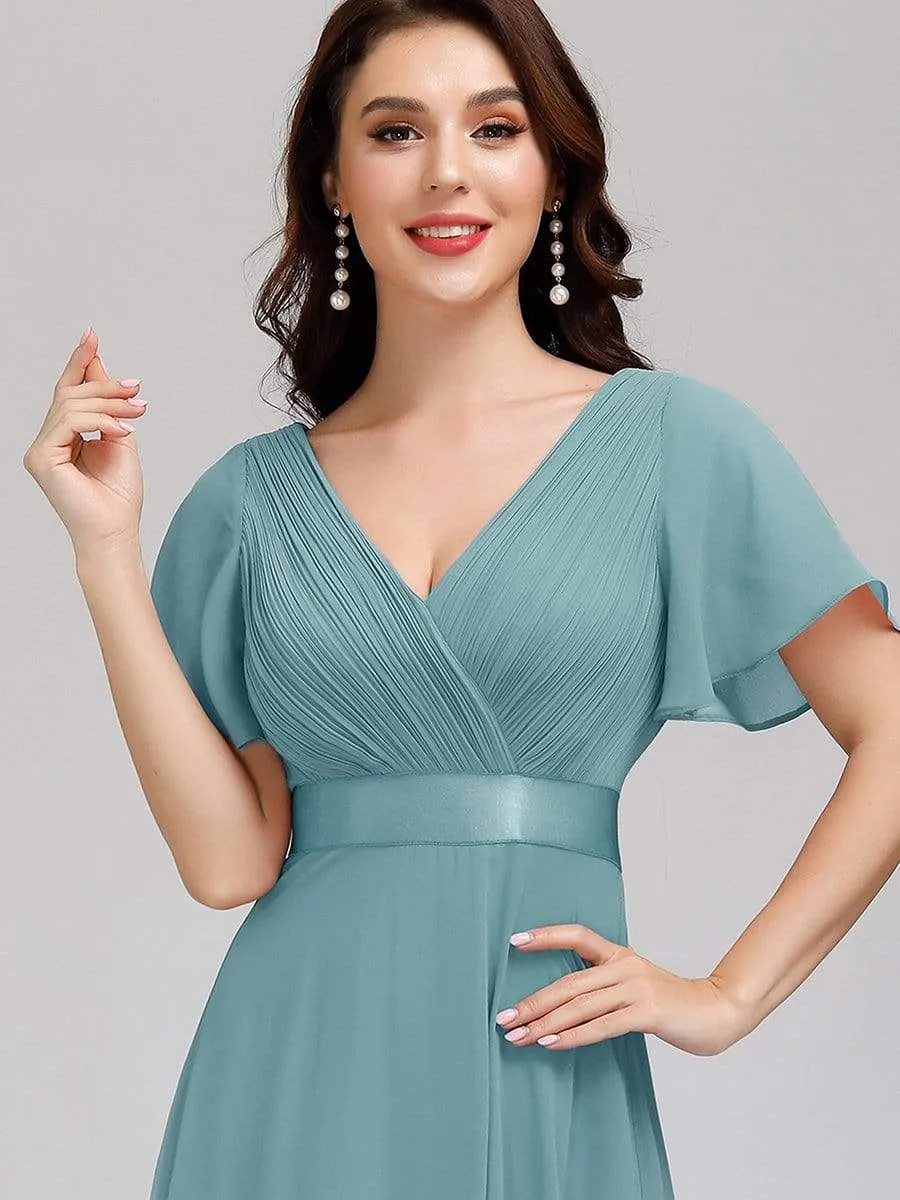Long Empire Waist Evening Dress with Short Flutter Sleeves