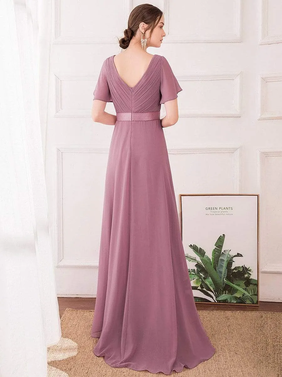 Long Empire Waist Evening Dress with Short Flutter Sleeves