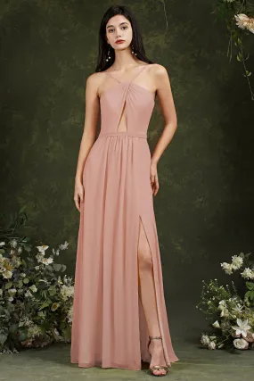 Long Halter Spaghetti Straps A-line Chiffon Bridesmaid Dress With Slit