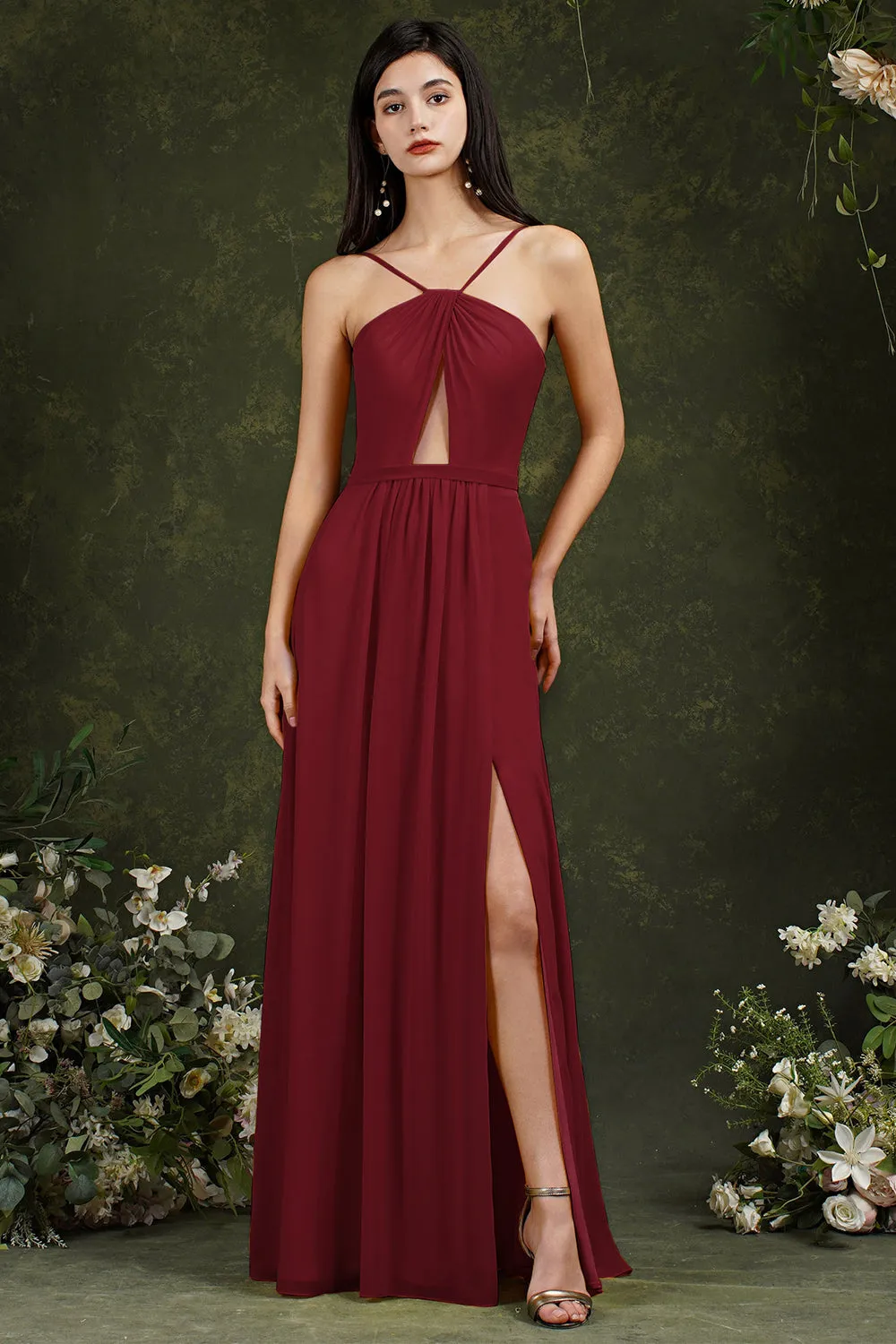 Long Halter Spaghetti Straps A-line Chiffon Bridesmaid Dress With Slit