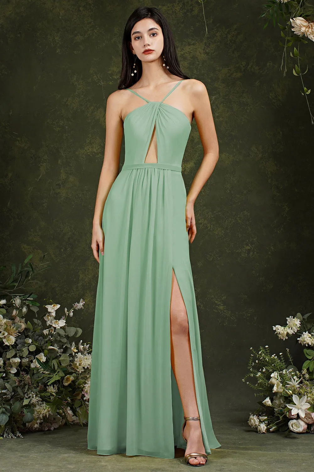 Long Halter Spaghetti Straps A-line Chiffon Bridesmaid Dress With Slit