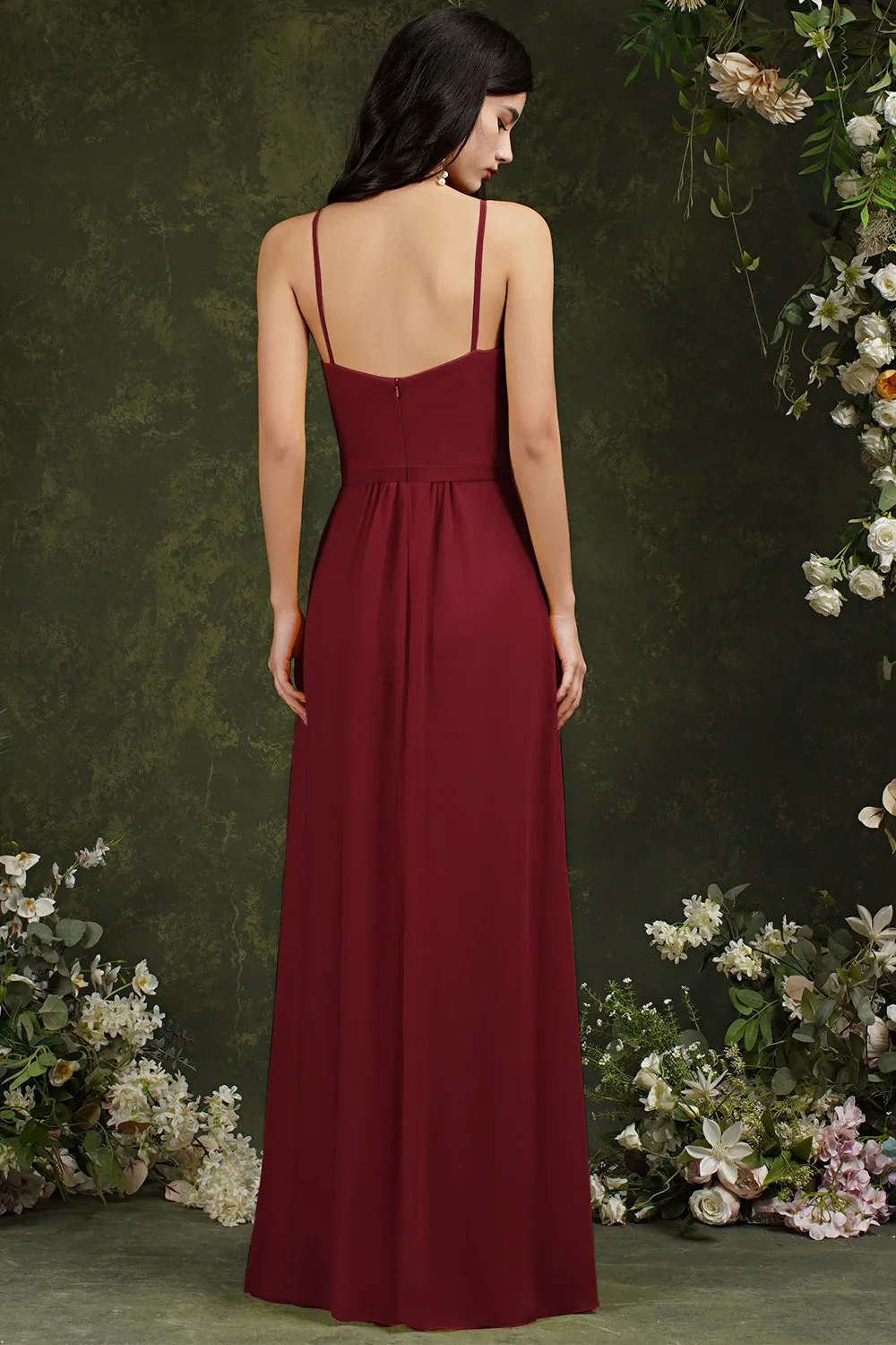 Long Halter Spaghetti Straps A-line Chiffon Bridesmaid Dress With Slit