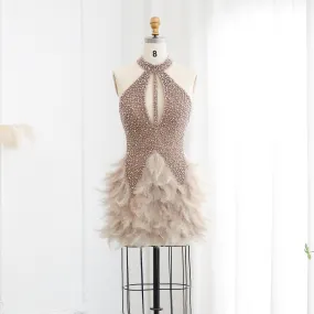 Luxury Feathers Pearls Nude Short Cocktail Party Dress SS149