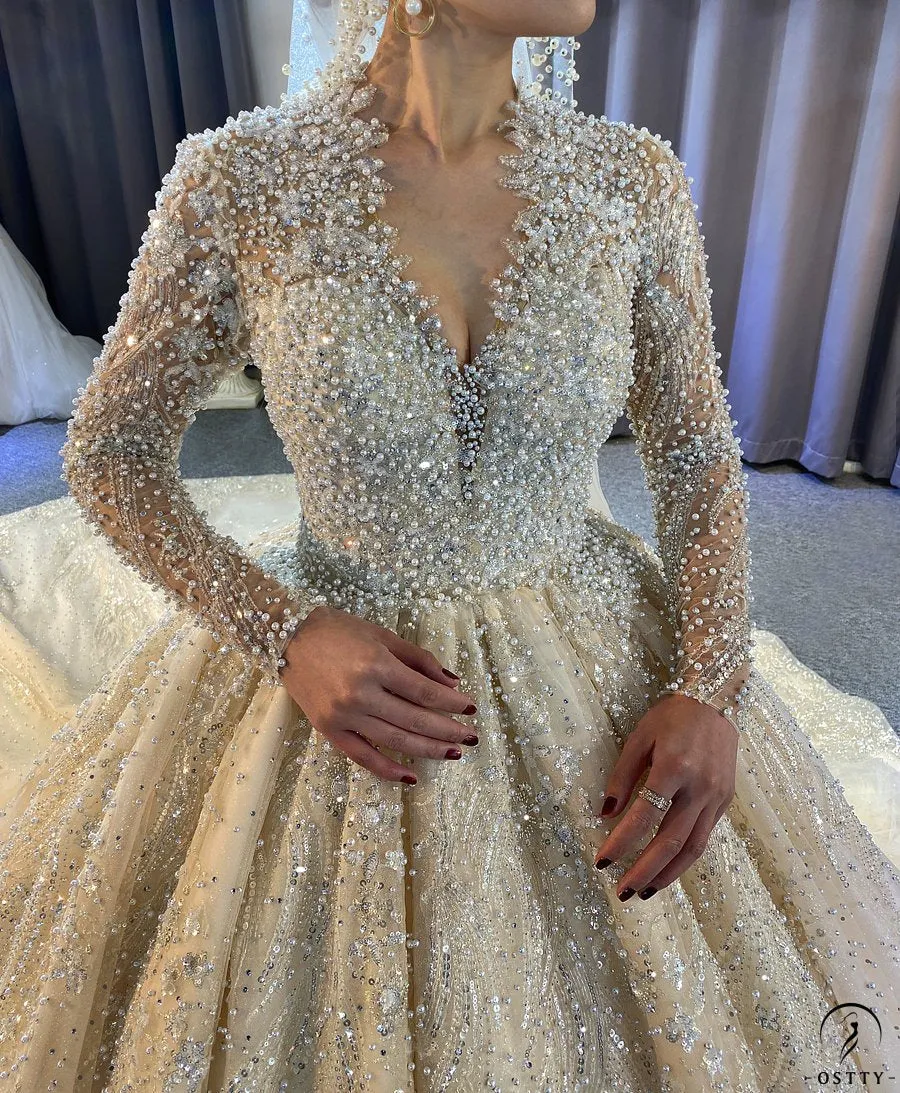 Luxury Long Sleeve V Neck beading Wedding Dress OS784