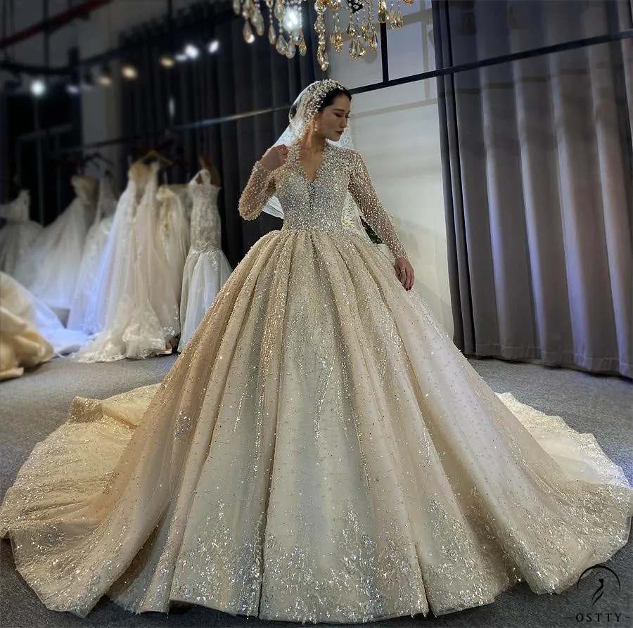 Luxury Long Sleeve V Neck beading Wedding Dress OS784