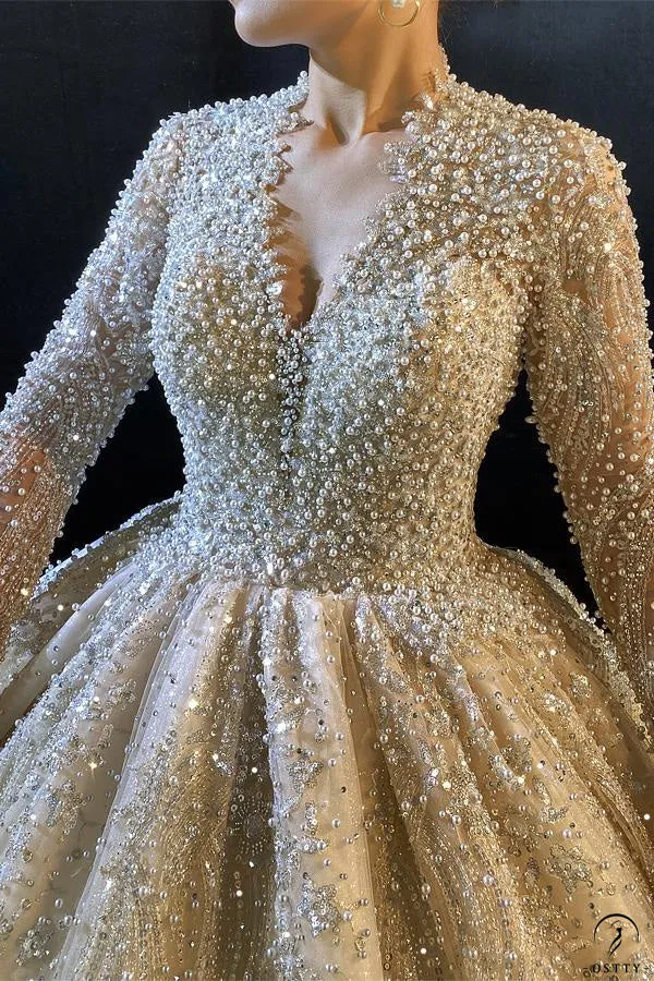 Luxury Long Sleeve V Neck beading Wedding Dress OS784