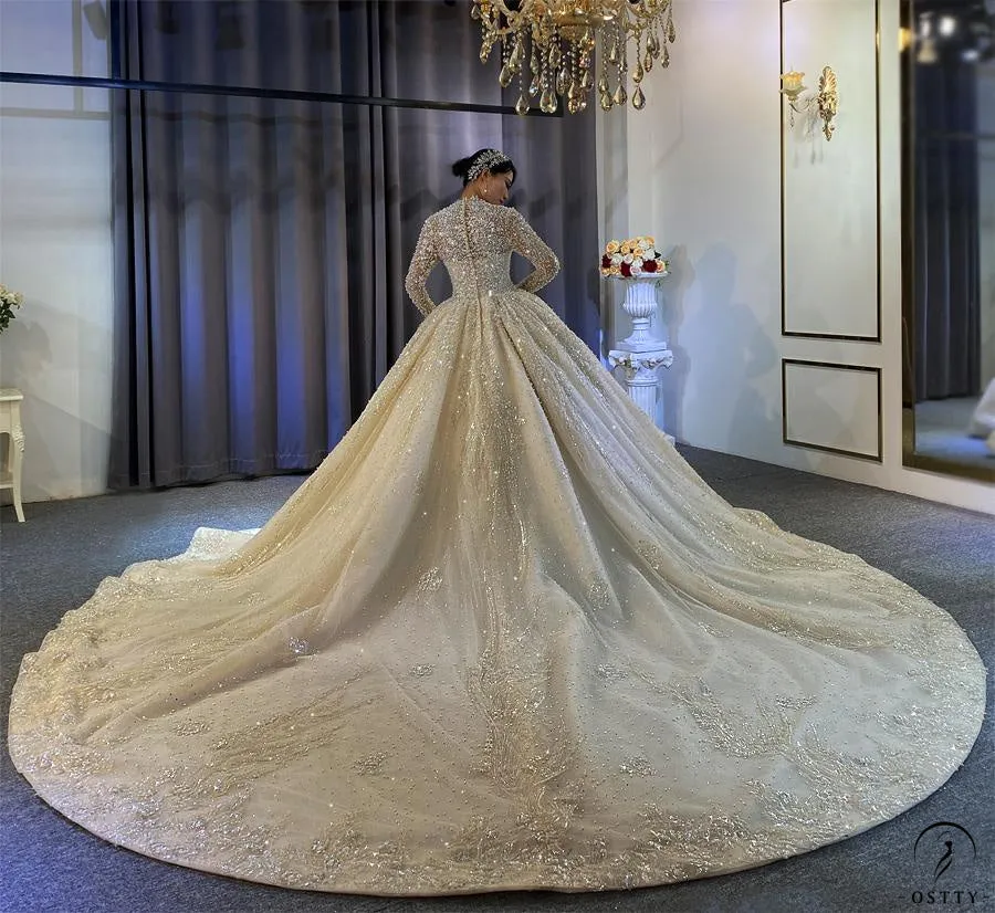 Luxury Long Sleeve V Neck beading Wedding Dress OS784