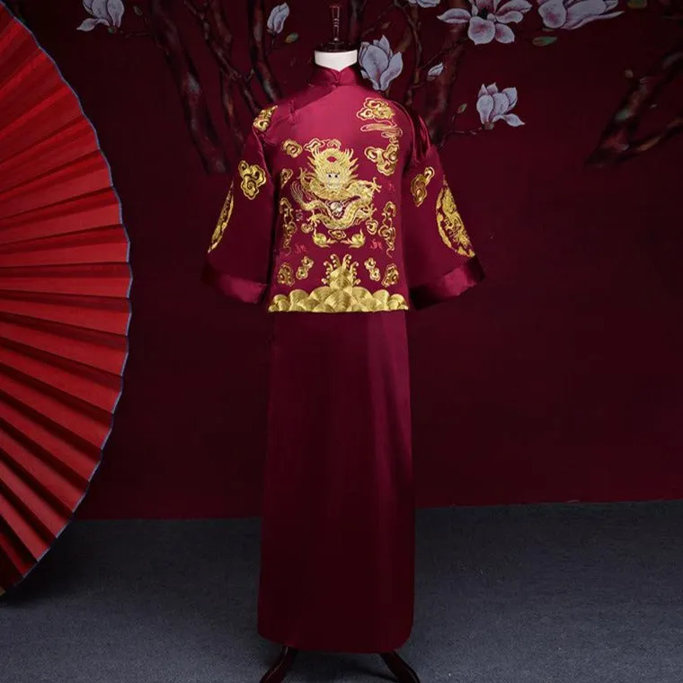 Mandarin Sleeve Dragons Embroidery Full Length Traditional Chinese Groom Suit
