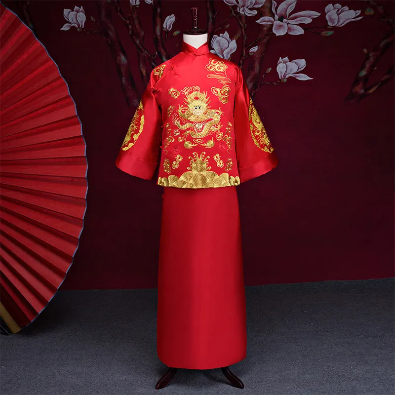 Mandarin Sleeve Dragons Embroidery Full Length Traditional Chinese Groom Suit