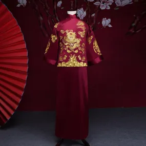 Mandarin Sleeve Dragons Embroidery Full Length Traditional Chinese Groom Suit
