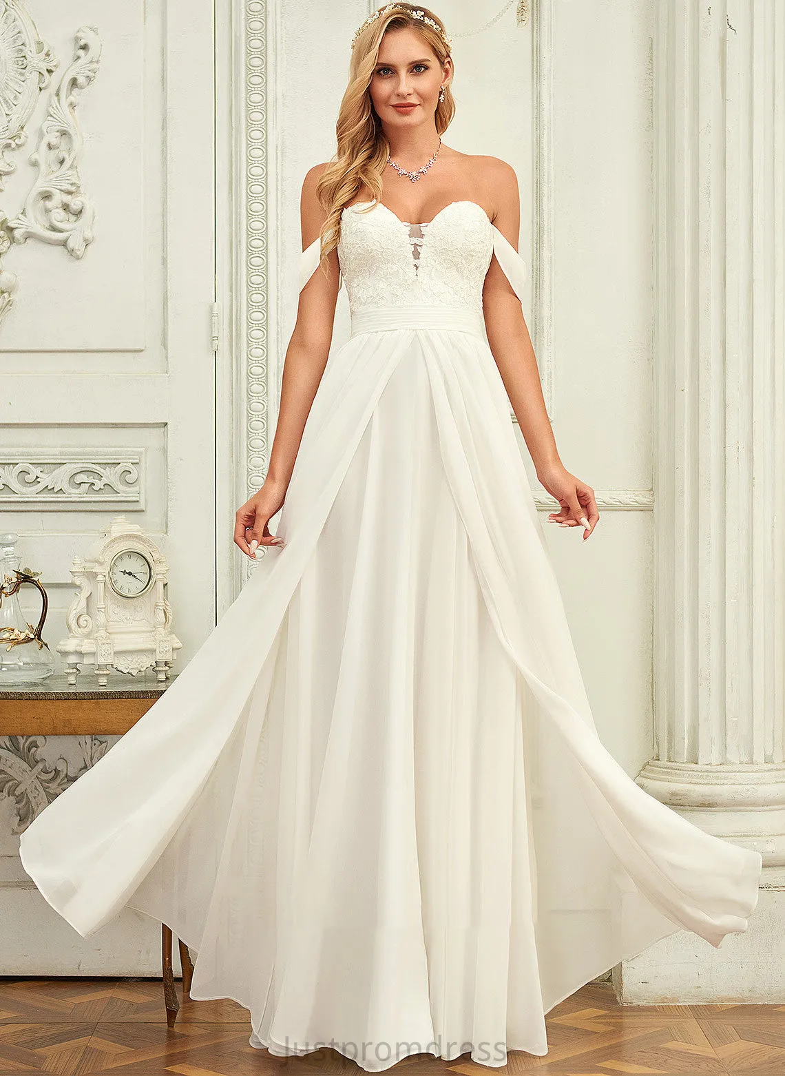Mareli Floor-Length Lace Wedding Dress Off-the-Shoulder A-Line Chiffon Wedding Dresses