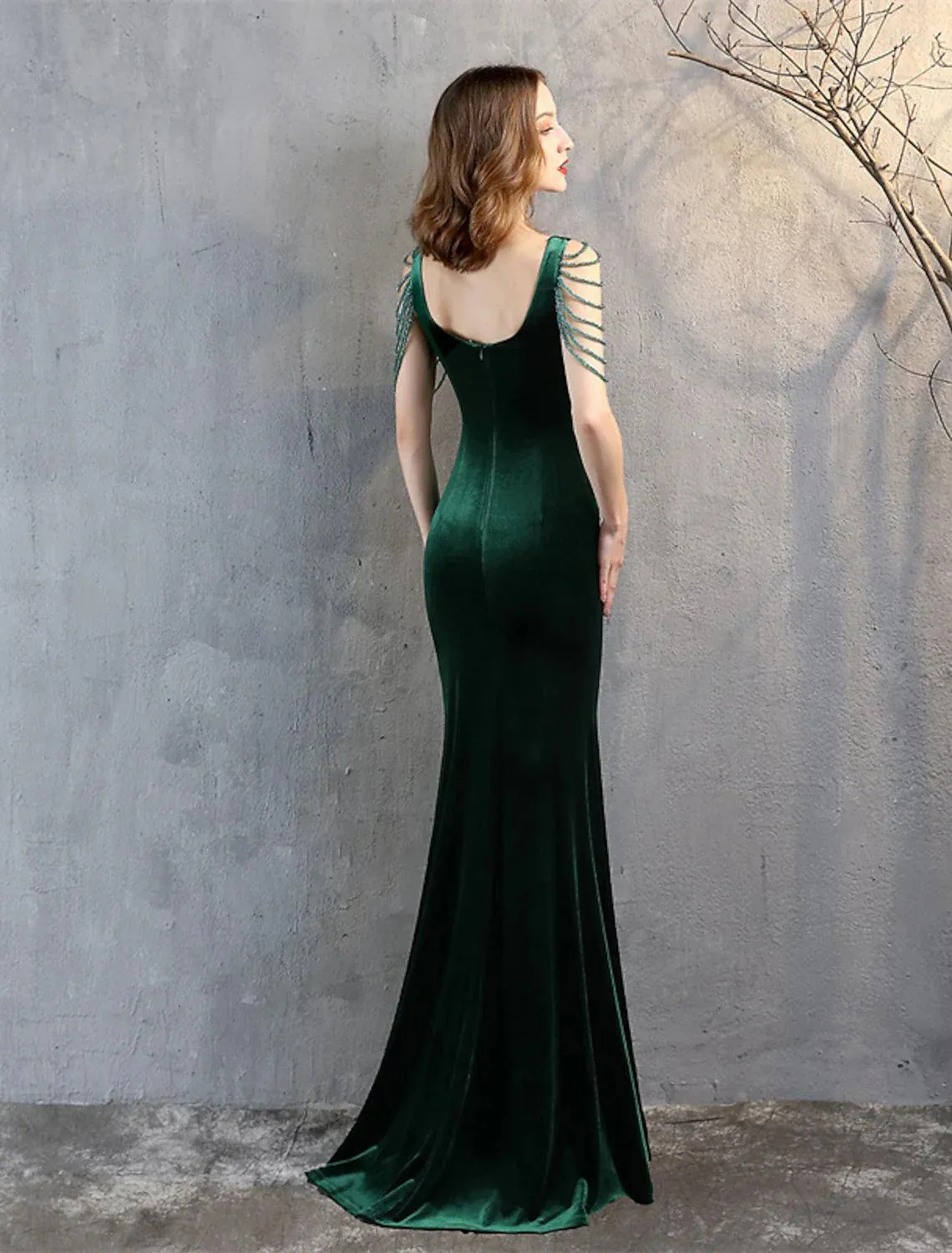Mermaid / Trumpet Prom Dresses Elegant Dress Formal Wedding Guest Floor Length Sleeveless V Neck Velvet with Fringe Tassel Slit