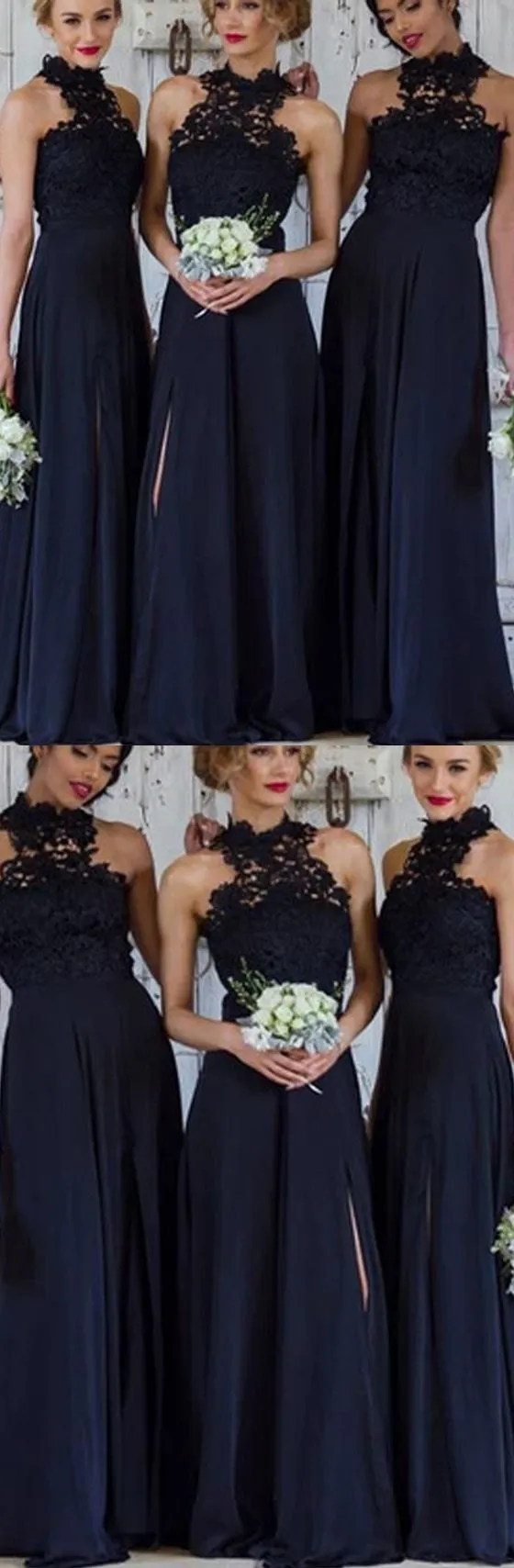 Modest Halter Lace Top A-Line Dark Blue Bridesmaid Dresses Long with Side Slit