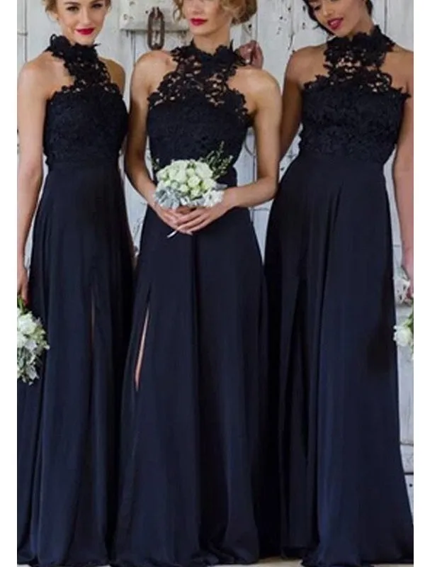 Modest Halter Lace Top A-Line Dark Blue Bridesmaid Dresses Long with Side Slit