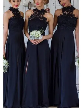 Modest Halter Lace Top A-Line Dark Blue Bridesmaid Dresses Long with Side Slit