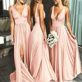 Modest Pink Sexy Jersey Long Bridesmaid Dresses