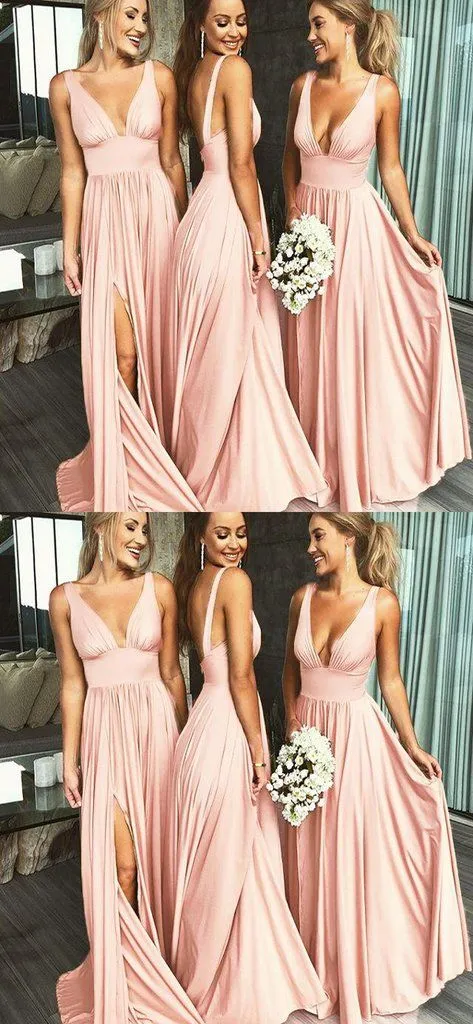 Modest Pink Sexy Jersey Long Bridesmaid Dresses