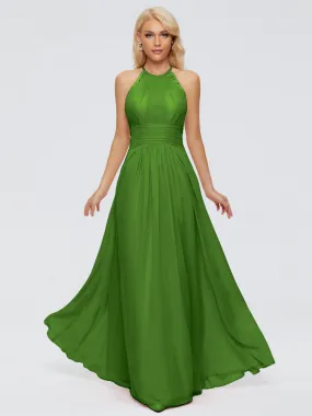Moss Color Bridesmaid Dresses Arya Long Bridesmaid Dresses Chiffon Sleeveless Halter Bridesmaids Dresses
