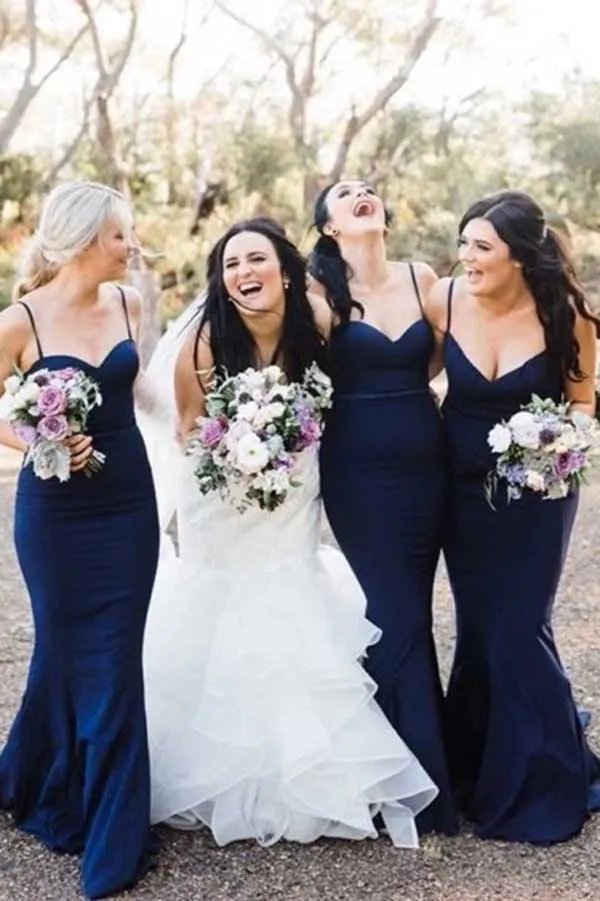 Navy Blue Mermaid Sweetheart Spaghetti Straps Long Bridesmaid Dresses, BD130