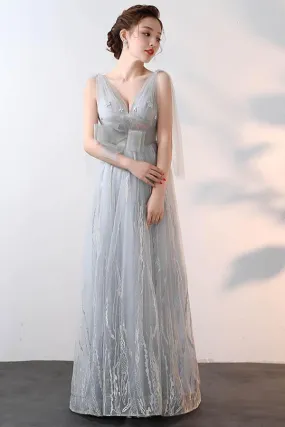 New Style A-line V Neck Tulle Prom Dresses With Applique PG627
