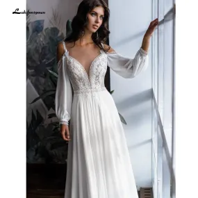 NumberSea 2021 Long Sleeve Off Shoulder Spaghetti Straps Deep V Neck Wedding Dresses Lace Chiffon Bohemian stylerobe de mariée fille